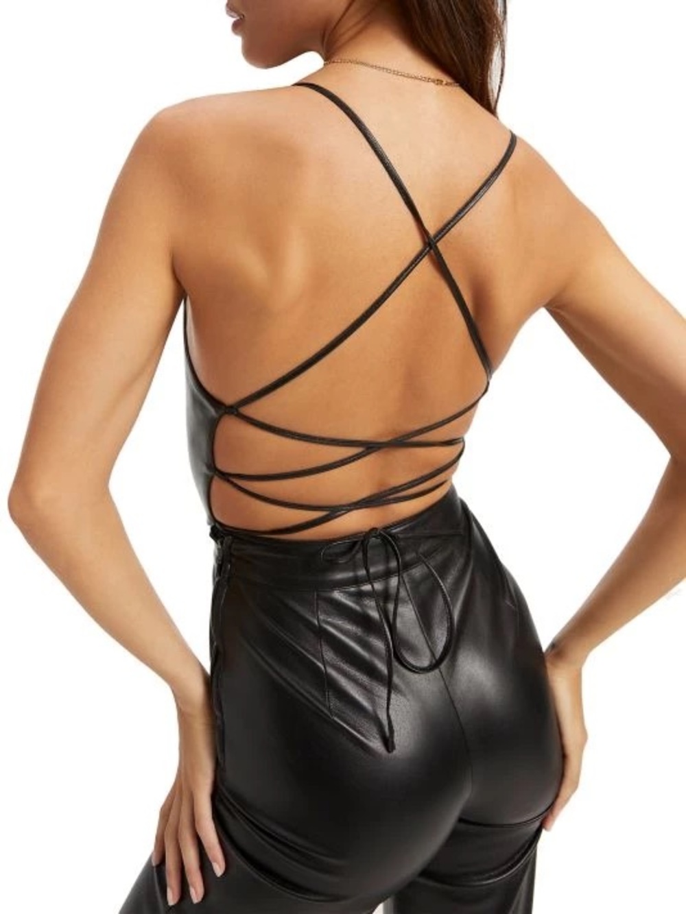 GOOD AMERICAN Vacay Faux
Leather Jumpsuit Black Strappy Back Top 2 M Pants Sexy - Picture 8 of 14